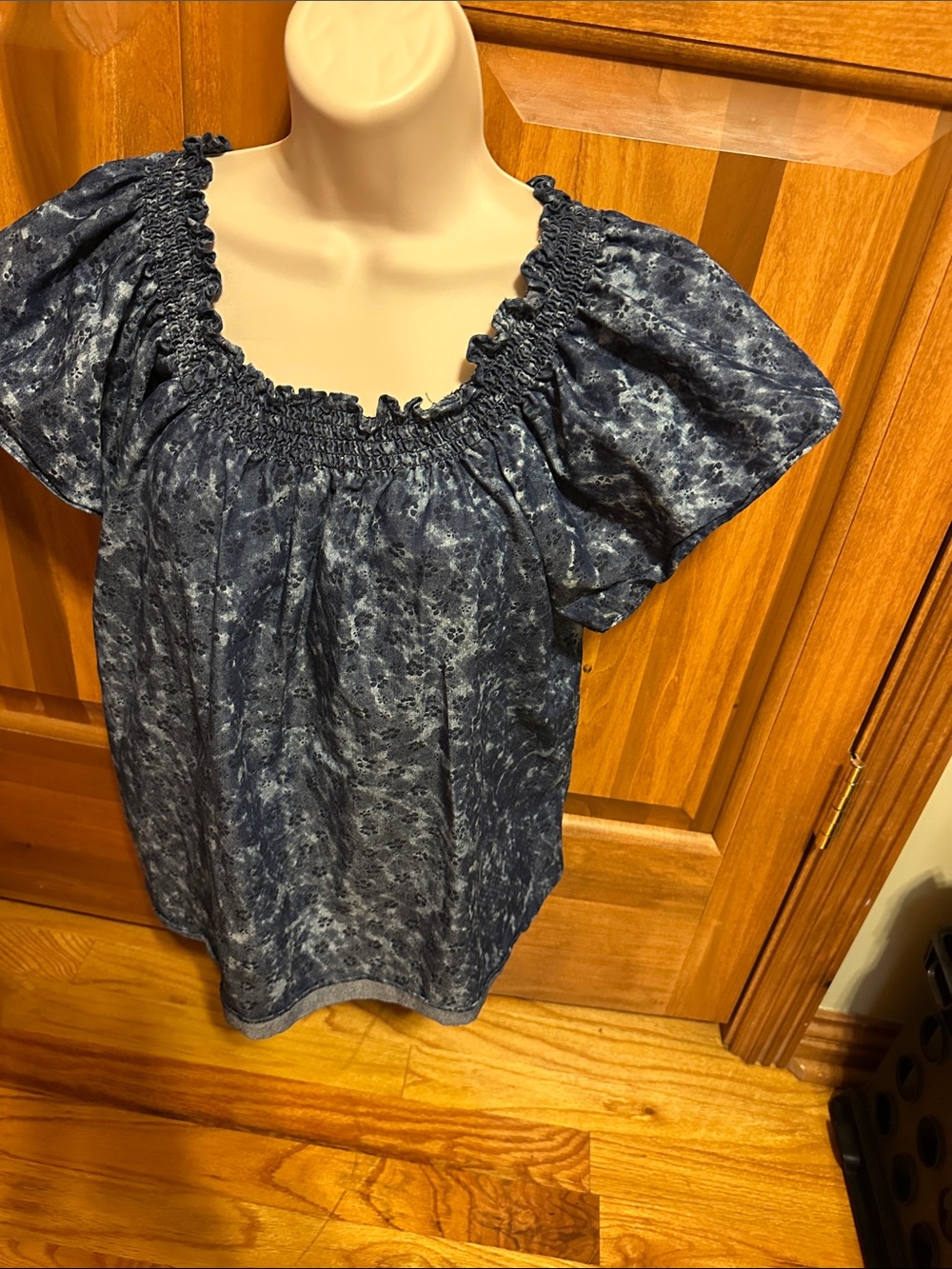 Navy Tie-Dye Smocked Square-Neck Women's Blouse